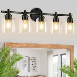  Modern Black 5-Light Bathroom Vanity Light Fixtures with Clear Glass Shade – Wall Lamp for Mirror, Kitchen, Living Room, Hallway, Cabinet, Porch (E26