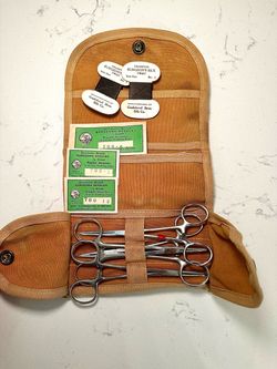 WWII US Navy Medical Corps Surgical Kit — Canvas Case, Forceps, Needles, Silk thread