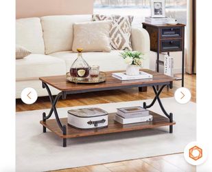 39.37” Rustic Brown Coffee Table with Storage Shelf & Black Metal Frame – Industrial Style
