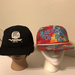 Two Vintage SnapBack Style Oil Company Hats- Mereta Oil Co. & Viking Labs Inc.