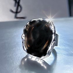 Large Chunky Black Obsidian Stone Ring. Size 8