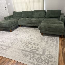Green Corduroy Sectional & Rug