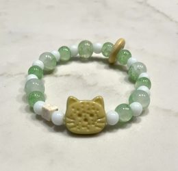 Cat-Themed Green and White Beaded Bracelet Handmade