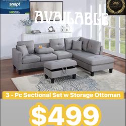3 pc Sectional W Storage Ottoman