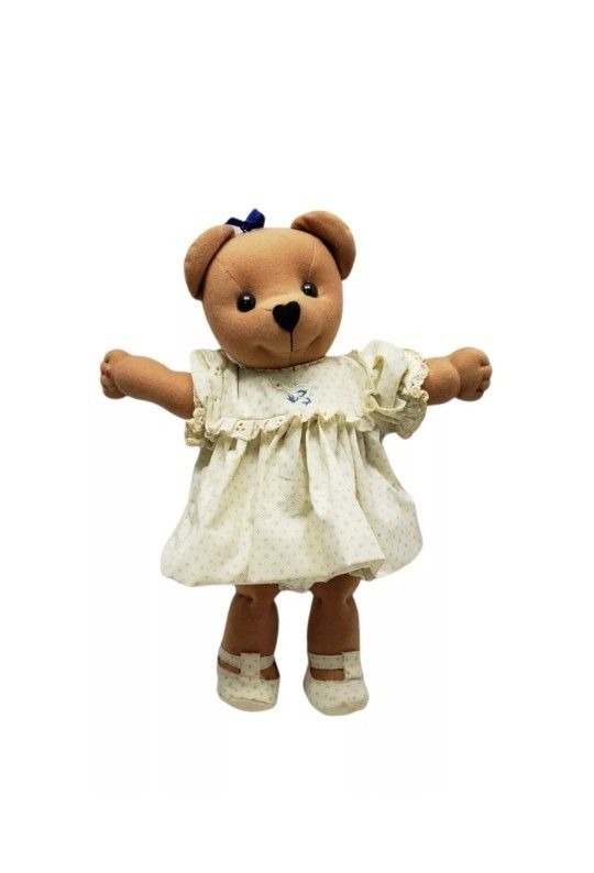 Vintage 80’s Teddy Bear Girl in Super Cute Teddy Bear Fabric Print Dress 16" H