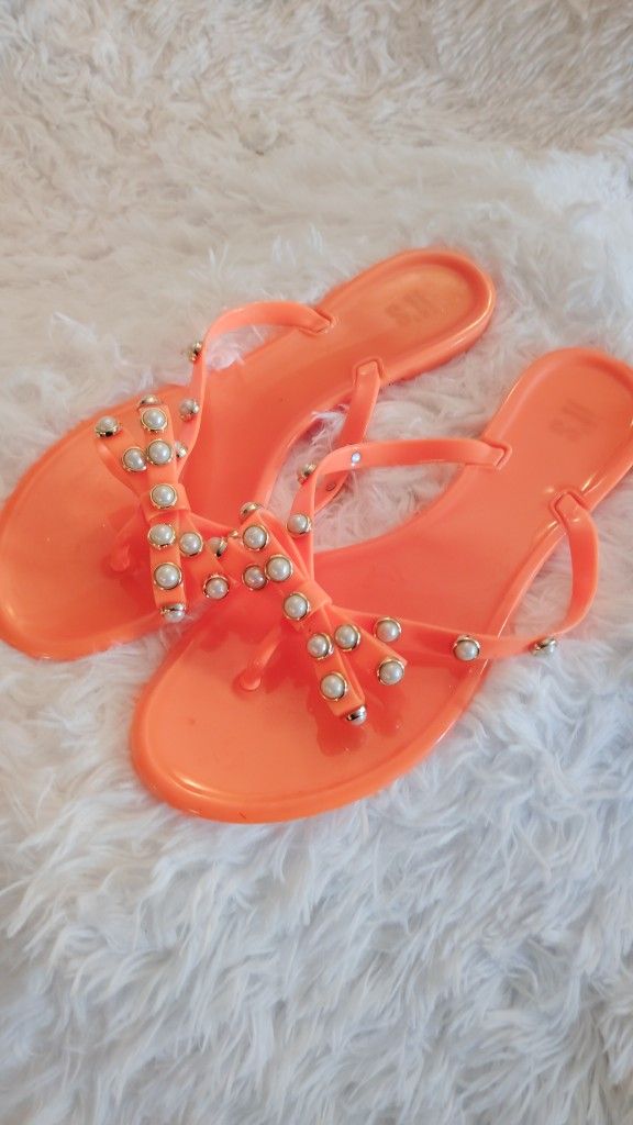 Women Neon Orange Bow Pearl Stud Jelly Thong Flip Flop Slide Sandal Shoe SZ10