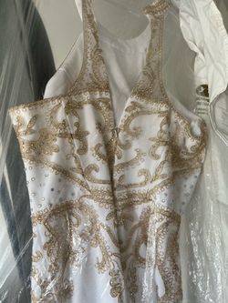 White and Gold Beaded Formal Gown
