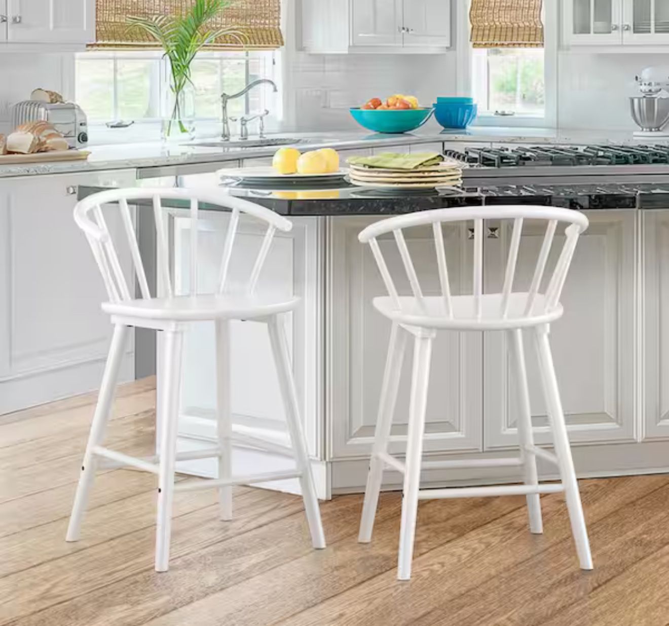 Winson Windsor 24 in. White Solid Wood Bar Stool for Kitchen Island Counter Stool with Spindle Back Set of 2