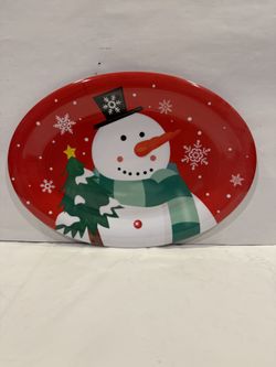 Christmas Snowman Melamine Oval Platter Red with Snowflakes