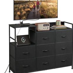 WLIVE Black TV Stand with Charging Station, Entertainment Center with 8 Fabric Drawer, TV Media Console Table Open Storage Shelves, Wood Top for Livin