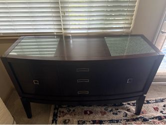 Dark Wood Sideboard Buffet with Glass Top Inlays