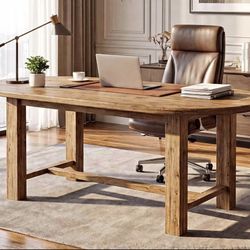 SL0290 3-Inch Solid Wood Executive Desk, Oval Farmhouse Office Desk - Brown