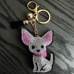 🐾 White & Pink Crystal Rhinestones Chihuahua Dog Keychain Purse Charm w Tassel