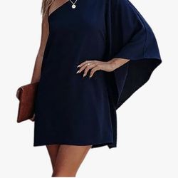 Medium- Bat Wing Sleeve, One Shoulder, Navy Blue Dress