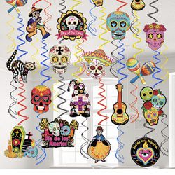 HOWAF Day of The Dead Hanging Swirl Decorations, Sugar Skull Ceiling Swirl Streamer for Halloween Party, 30 Pieces Dia De Los Muertos Mexican Themed B