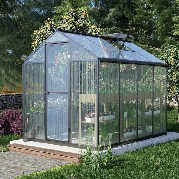 6 x 8 Ft Walk-in Greenhouse with Gutter, Polycarbonate and Heavy-Duty Aluminum Frame, Adjustment Skylight and Lockable 2-Sided Door for Patio, Outdoor