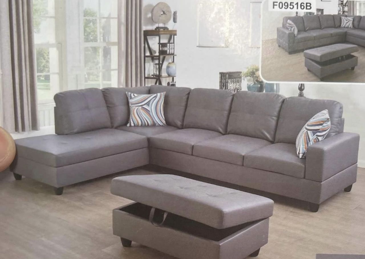 Gray Leather Sectional Couch And Ottoman 