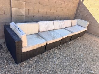 Five Piece Large 12’ Brown Faux Wicker Outdoor Patio Sofa Set (LxWxH: 31” x 144” x 24”)