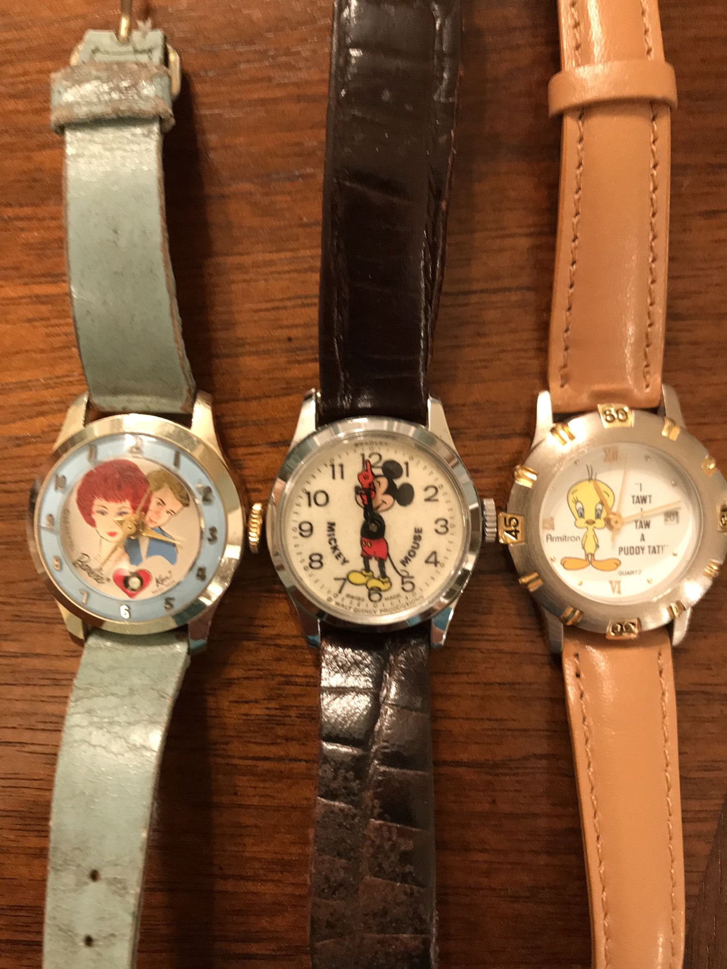 3 Vintage Watches - Barbie / Ken, Disney Mickey Mouse & Tweety Bird (non working)