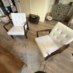 Mid-Century Modern Accent Chairs (Pair) – Solid Wood Frame, White Upholstery