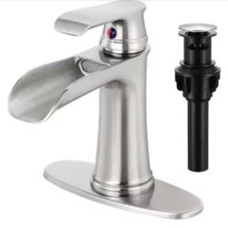 AKLFGN Single Handle Single Hole Waterfall Bathroom Faucet with Deckplate pop drain Included in Brushed Nickel