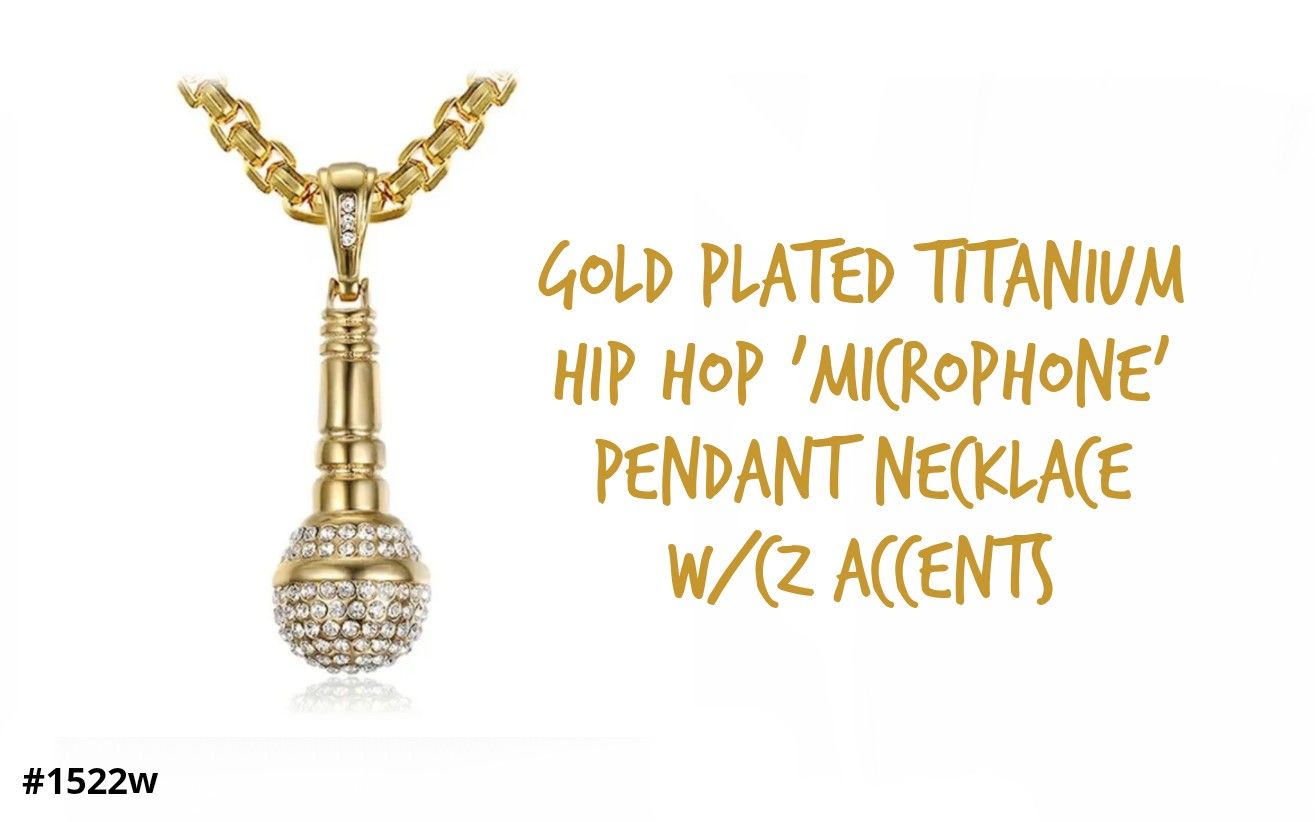 'Hip Hop' Microphone CZ Pendant Necklace, Gold Plated Titanium