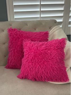 set of two 18x18 inch pink shaggy faux fur pillow covers