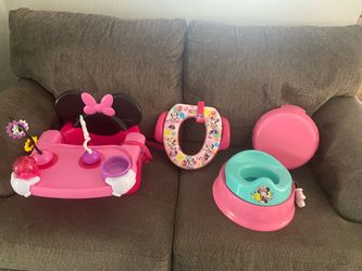Toddler Minnie Mouse , high chair, potty with flushing sound, and toddler toilet ring