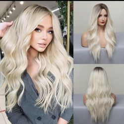 Human hair blend platinum blonde natural wave wig