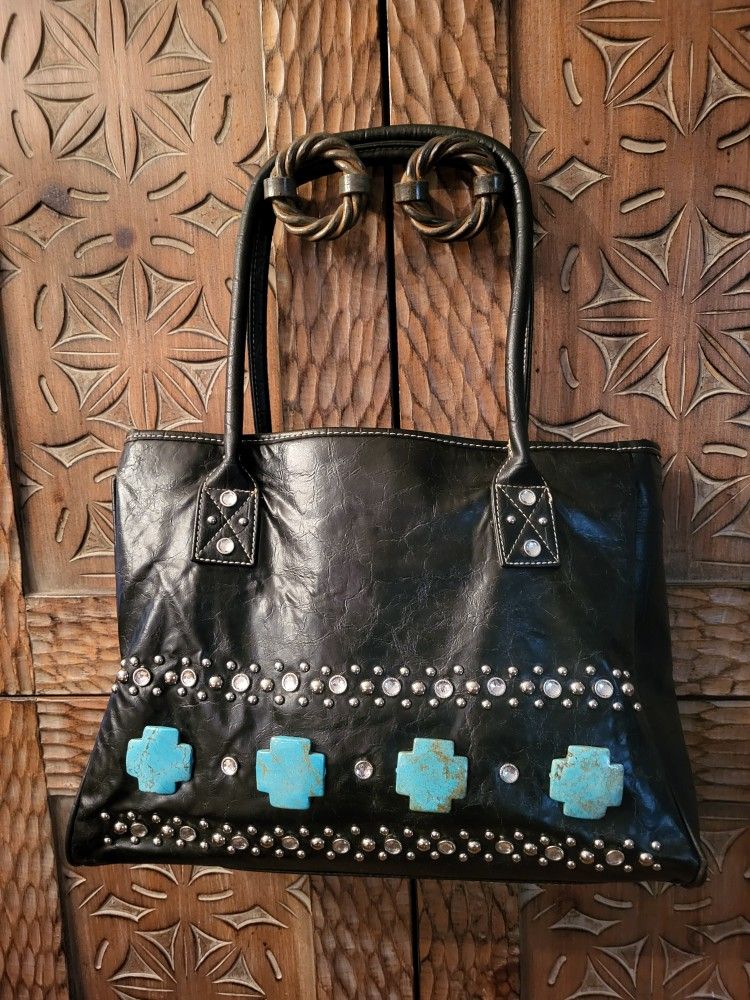 Country Road Sholder Bag Black Faux Leather W Turquoise Stone , rhinestone  Studded Accents 