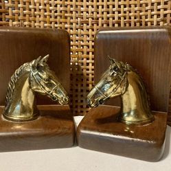 Vintage Wood And Brass Horse Bookends - 1970