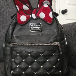 Disney Loungefly Minnie Mouse Bow Ears Mini Backpack Black Quilted