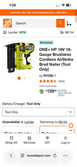 Ryobi ONE+ HP 18V 18-Gauge Brad Nailer with battery starter pack
