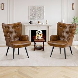2pcs, PU Leather Accent Chair for Living Room, Upholstered Reading Chair with High Backrest, Tufted-Button Wingback Armchair for Bedroom, Dressing Roo