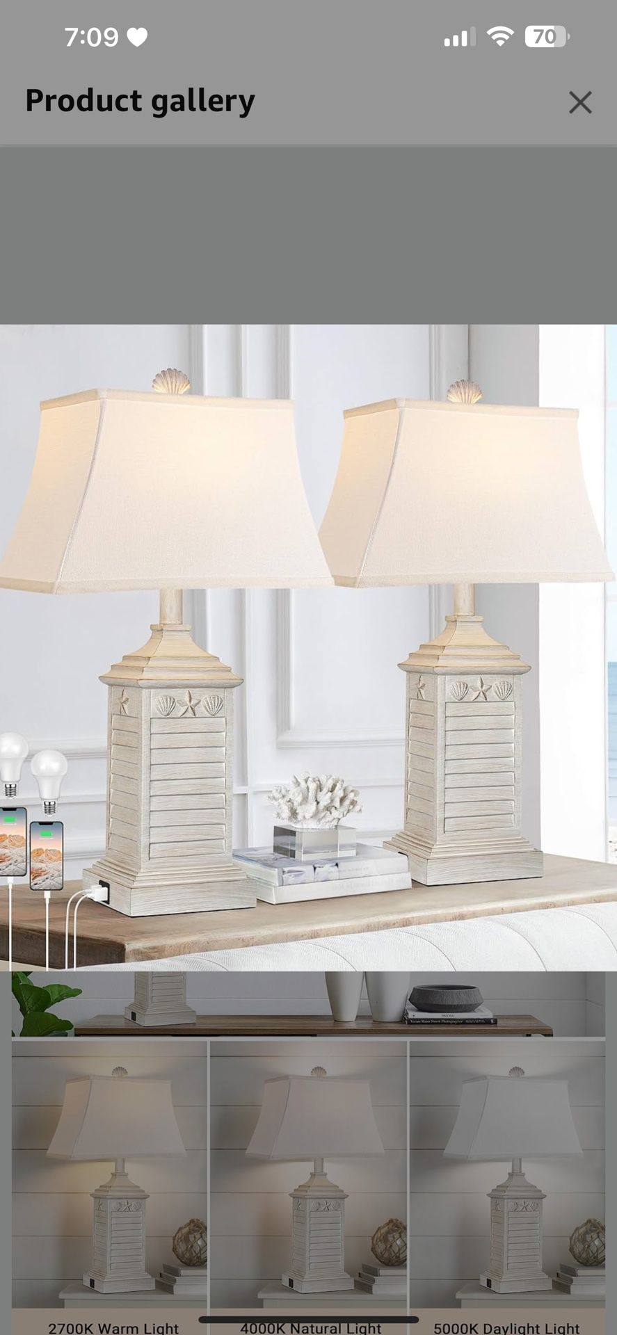 Coastal Table Lamps Set of 2, Beach Living Lamps for Bedroom with USB A+C, Washed White Modern Resin LED 3-Color Temperature Bedside Nautical Decor, N