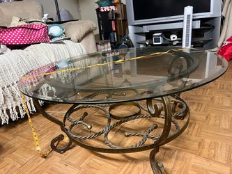 Oval Glass Top Coffee Table with Wrought Iron Base