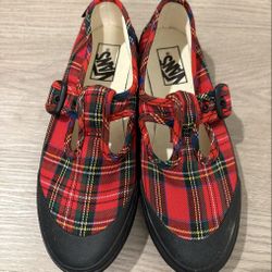 Vans Style 93 Mary Jane sneakers in a red plaid pattern. 