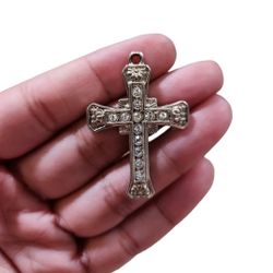 Silver Toned Bling Cross Pendant 1.75"