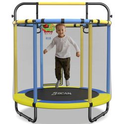 Mini Trampoline for Ages 1 to 8 Kid, 5FT Toddler Trampoline - Indoor/Outdoor Use with Enclosure Net, Adjustable Gymnastics Bars, Basketball