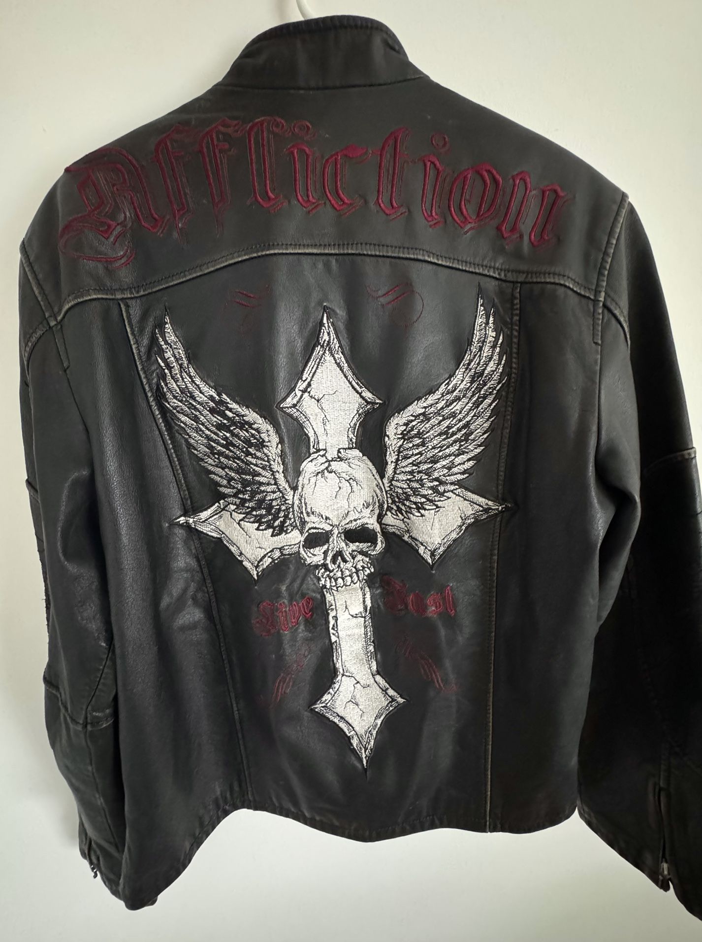 Limited Edition Size M Affliction Embroidered Skull Leather Jacket #1992/2700