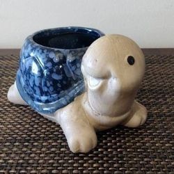 Ceramic Succulent Turtle Planter Blue Glazed Shell