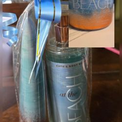 Bath And Body Works At The Beach 3 Wick Candle, Fragrance Mist, And Ultimate Hydration Body Lotion 