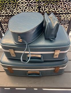 Mid Century 1950s Blue Leather Nesting Luggage Set – 4 Piece