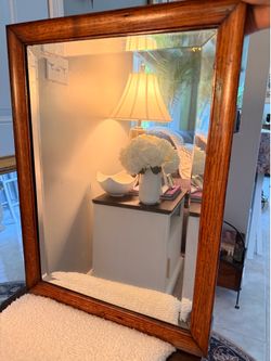 Antique Solid Oak Wood Framed Wall Mirror Beveled Glass 16.5" x 22.5"