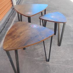 Small triangular wooden end table set of 3.. 49ers.