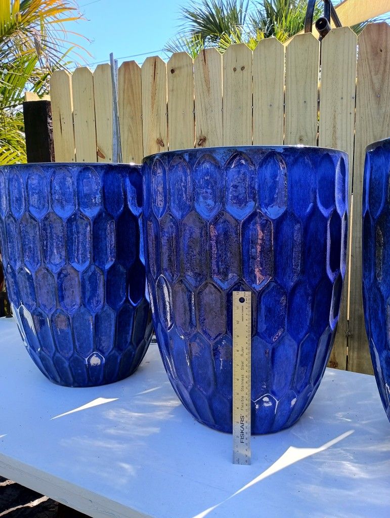 Large Blue Glazed Ceramic Planter Pots