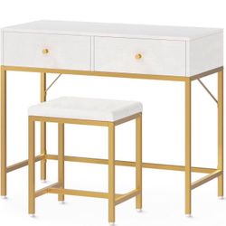 SUPERJARE 35.4" White and Gold Desk with 2 Drawers, Modern Makeup Vanity Desk with Padded Stool, Small Computer Desk Home Office Desk for Writing Stud