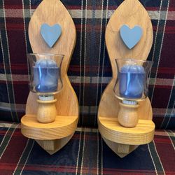 Two Wooden Heart Wall Candle Holder Sconces Vintage