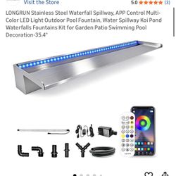 LONGRUN Stainless Steel Waterfall Spillway, APP Control Multi-Color LED Light Outdoor Pool Fountain, Water Spillway Koi Pond Waterfalls Fountains Kit 