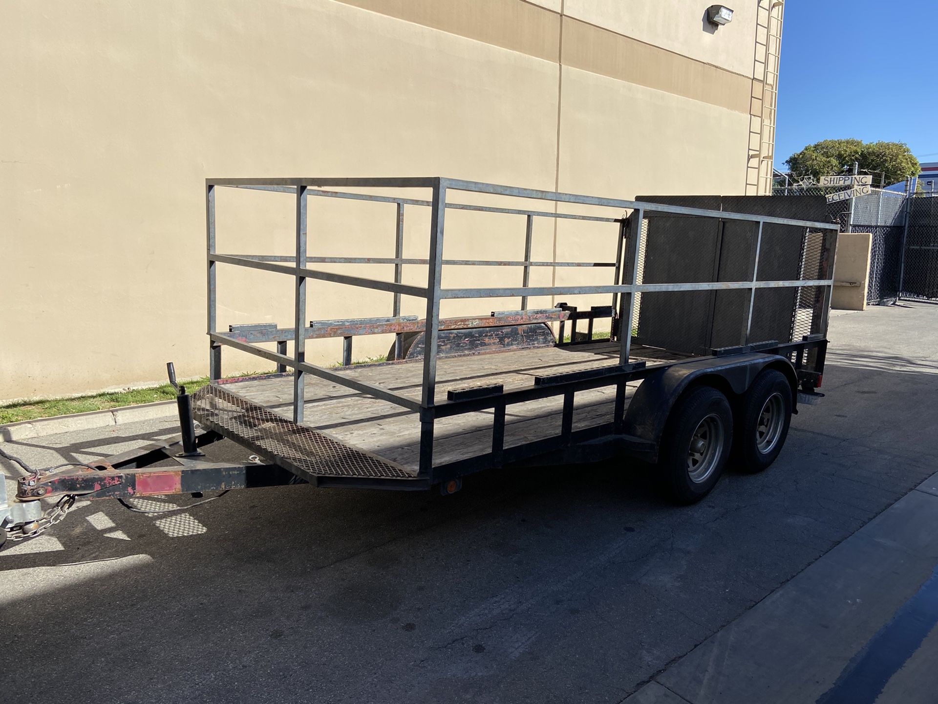 14’ Flatbed Car Hauler Utility Stakebed High Sides Trailer rear Ramp or Barn Door Swinging Tandem Axle Double 3500lb